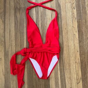 NWT Unique Vintage Low Cut Halter One Piece Swimsuit Hi Cut Sash Size Small